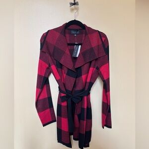 Premise Red and Black Plaid Wrap Cardigan